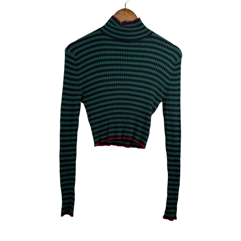 Ronny Kobo M Green & Black Striped‎ Ribbed Crop Turtleneck Sweater Punk Retro